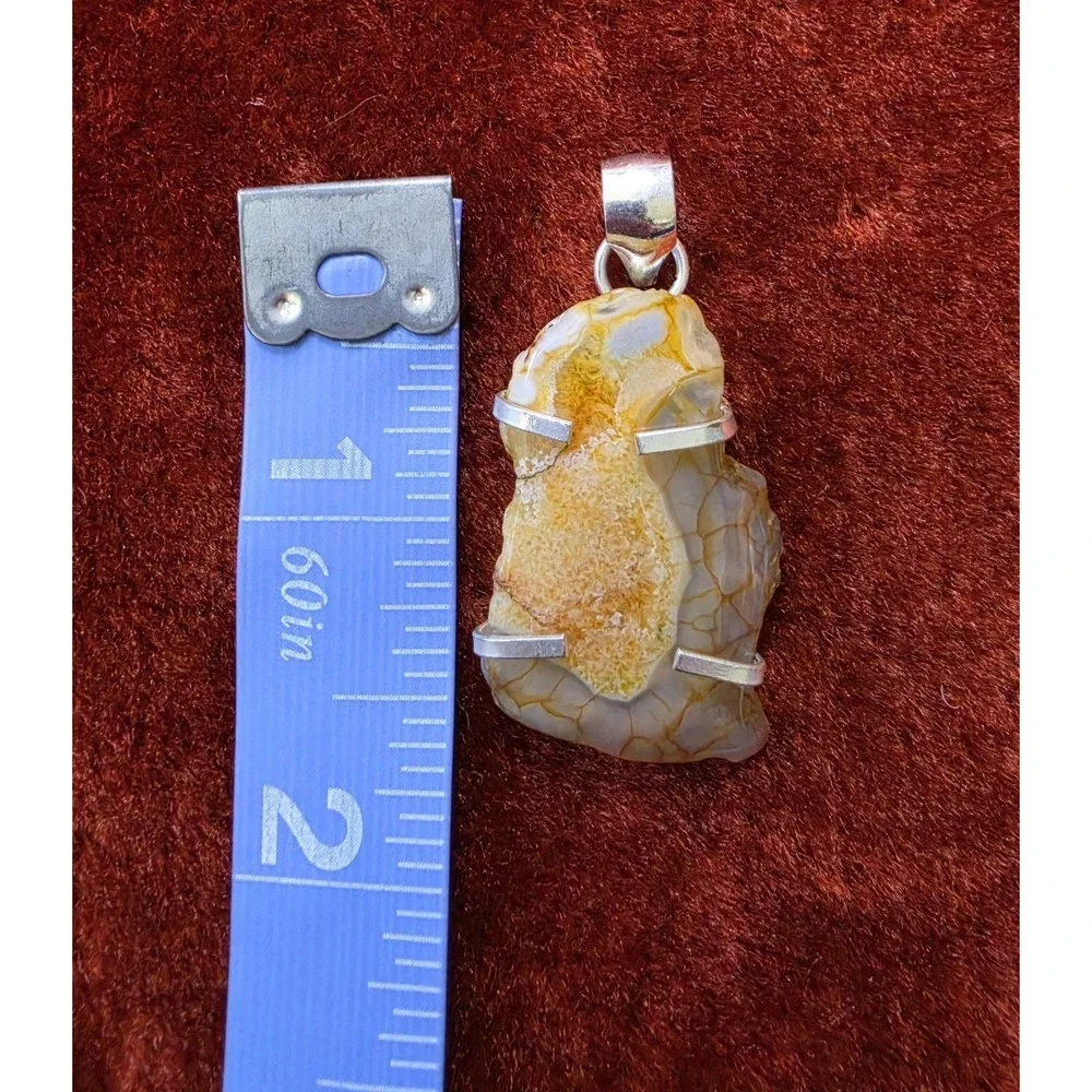 Vintage Sterling‎ Silver And Agate Pendant Charm Orange White Boho Crystal
